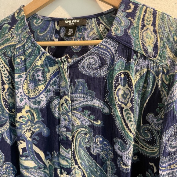 Nine West XL Top Navy/Yellow Paisley Round Neck 3/4 Sleeve Partial Button Front - Picture 16 of 16